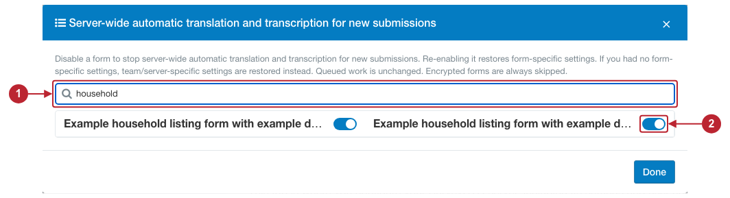 Form opt-out dialog with the search and form switch highlighted Form opt-out dialog with the search and form switch highlighted
