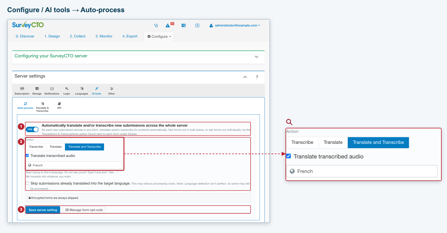 Server automatic-processing settings, highlighting the switch, action and save controls Server automatic-processing settings, highlighting the switch, action and save controls