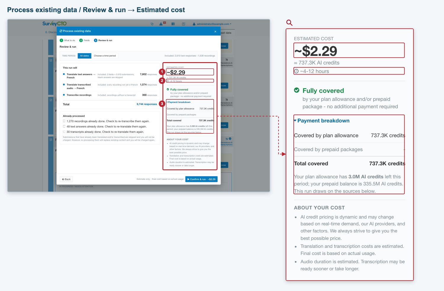 Expanded cost card showing estimated price, approximate time and payment breakdown Expanded cost card showing estimated price, approximate time and payment breakdown