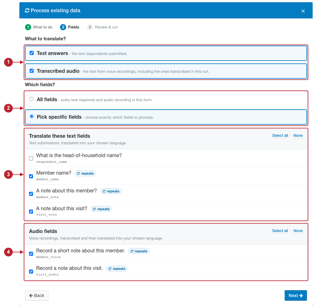 Field selection showing translation scope, field mode, text fields and audio fields Field selection showing translation scope, field mode, text fields and audio fields