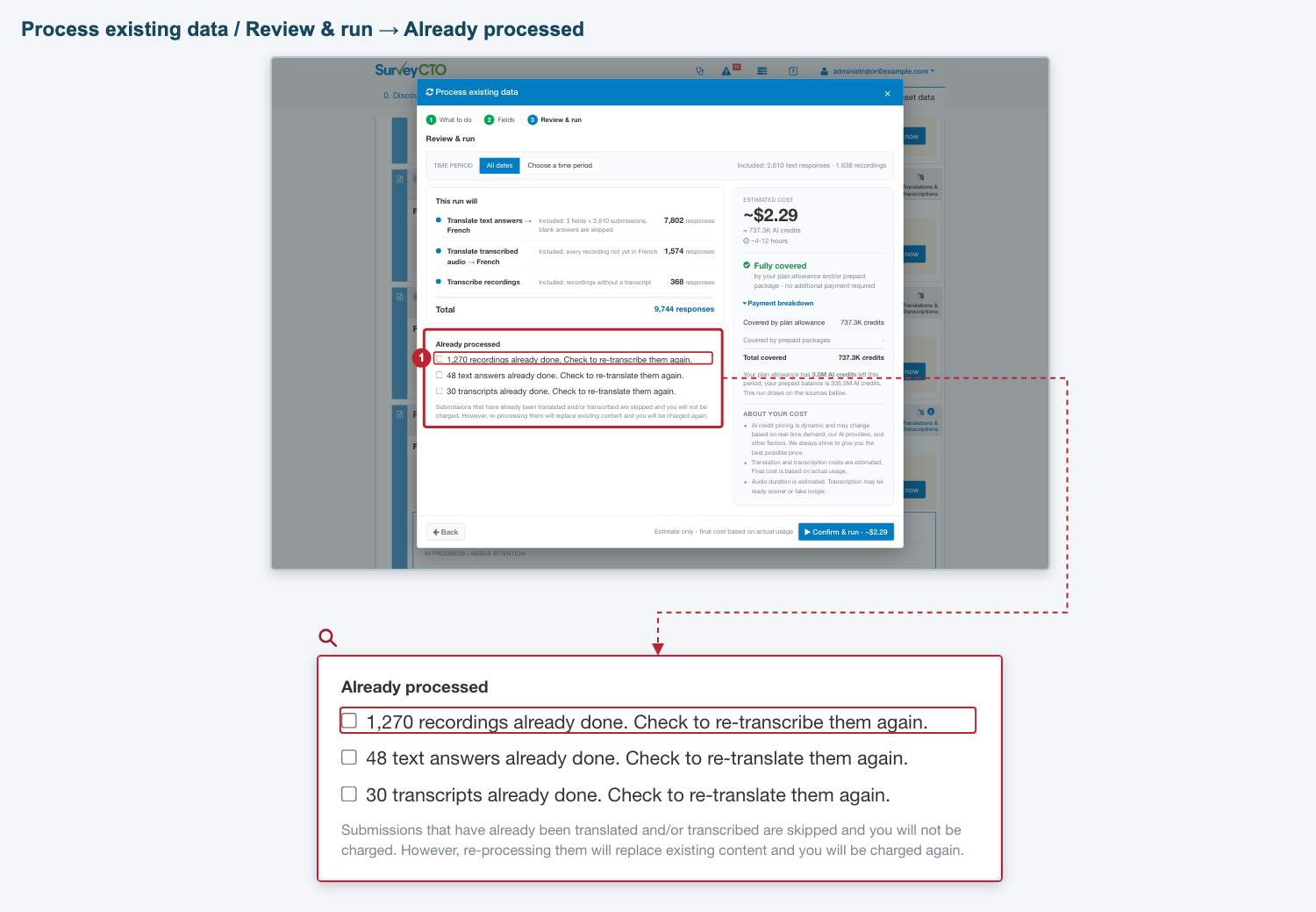 Already processed section with a re-transcription checkbox highlighted Already processed section with a re-transcription checkbox highlighted