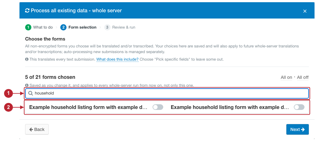 Server-wide form selection with the search and form controls highlighted Server-wide form selection with the search and form controls highlighted