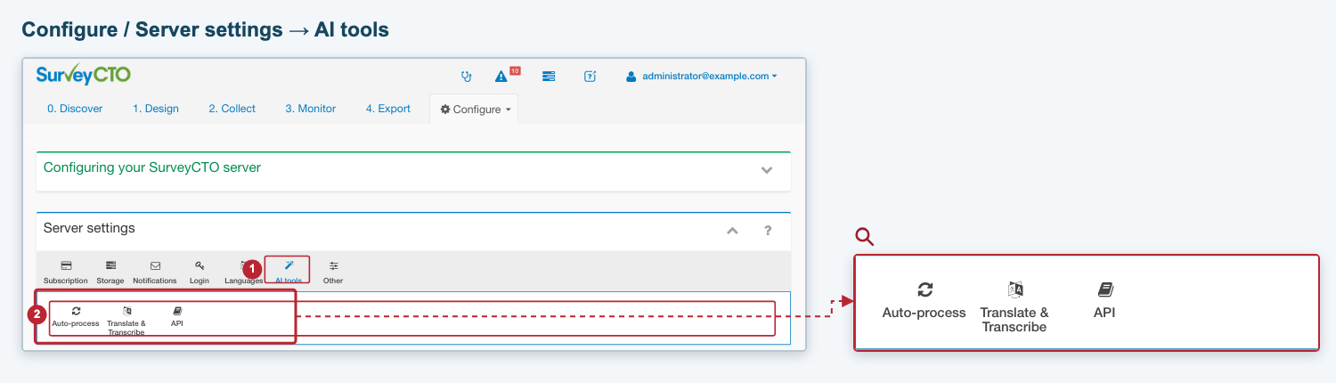 AI tools under Server settings, with the three AI panels highlighted AI tools under Server settings, with the three AI panels highlighted